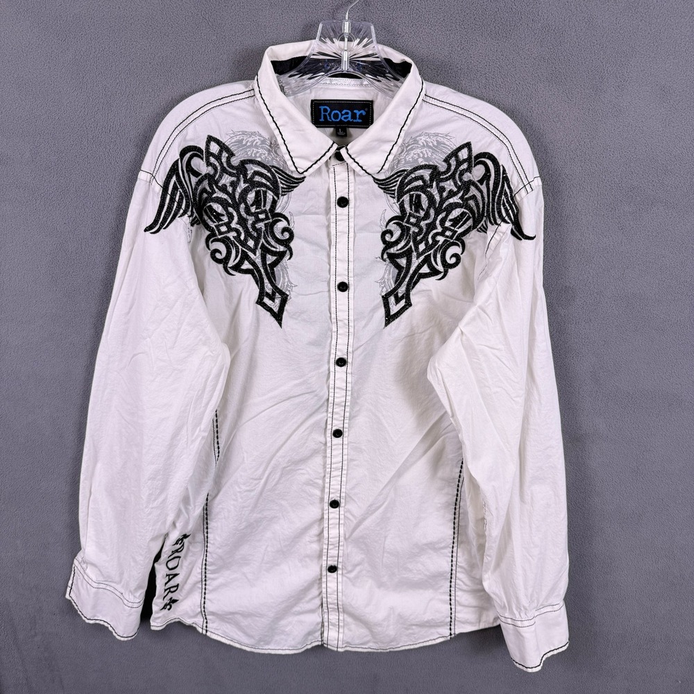 VTG Y2K Roar Button Down Shirt Mens Large White Embroidered Tribal Wings
